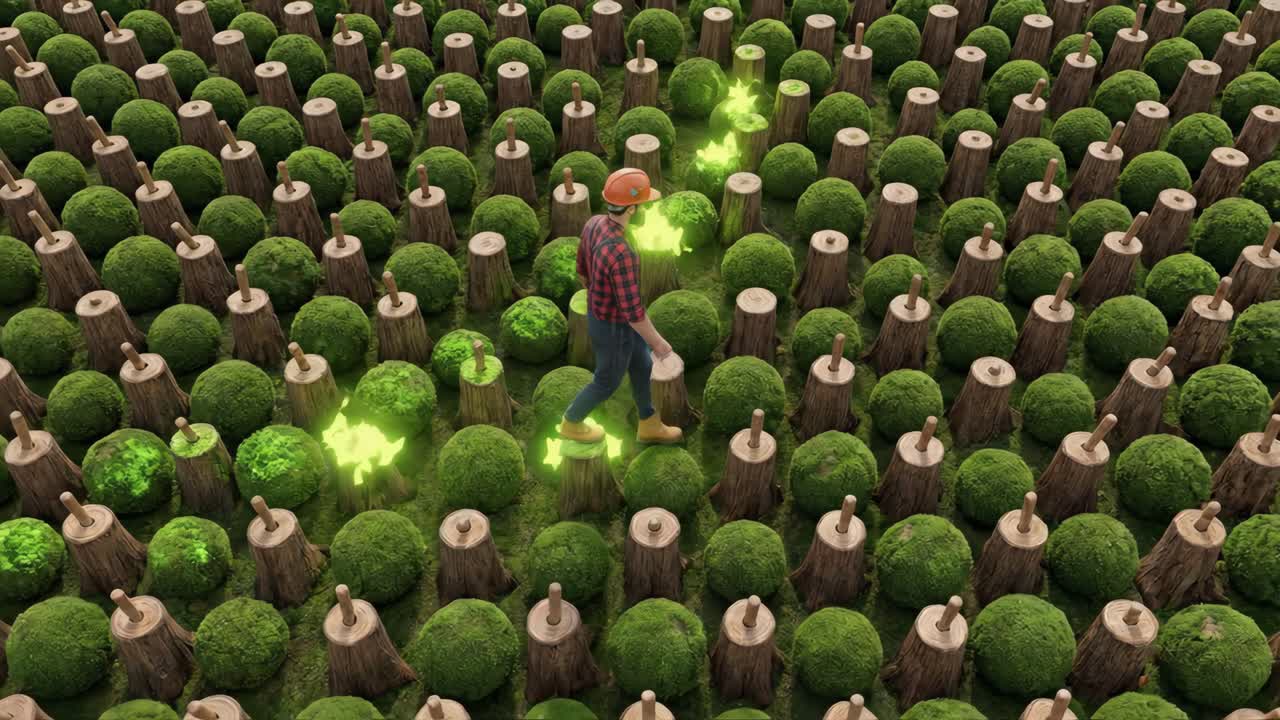 Uomo che cammina attraverso una foresta che si rigenera con muschio verde luminoso