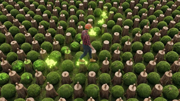 Uomo che cammina attraverso una foresta che si rigenera con muschio verde luminoso