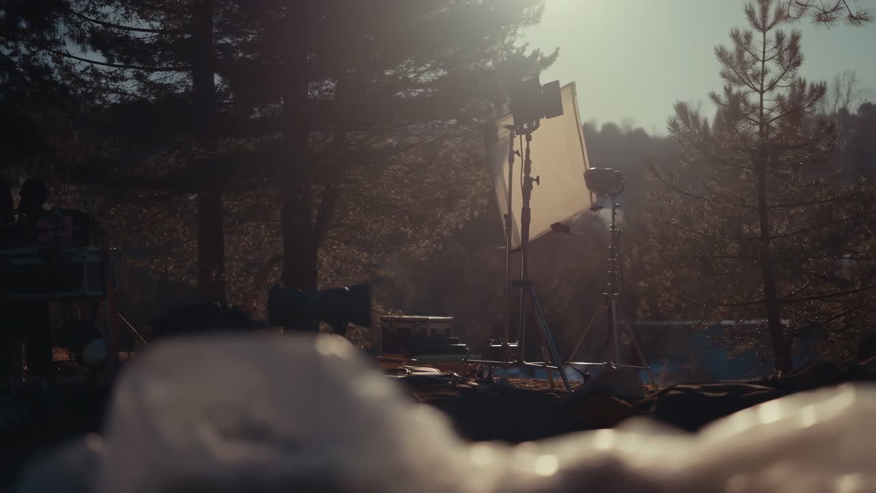 Outdoor Film Production Set in a Sunny Forest