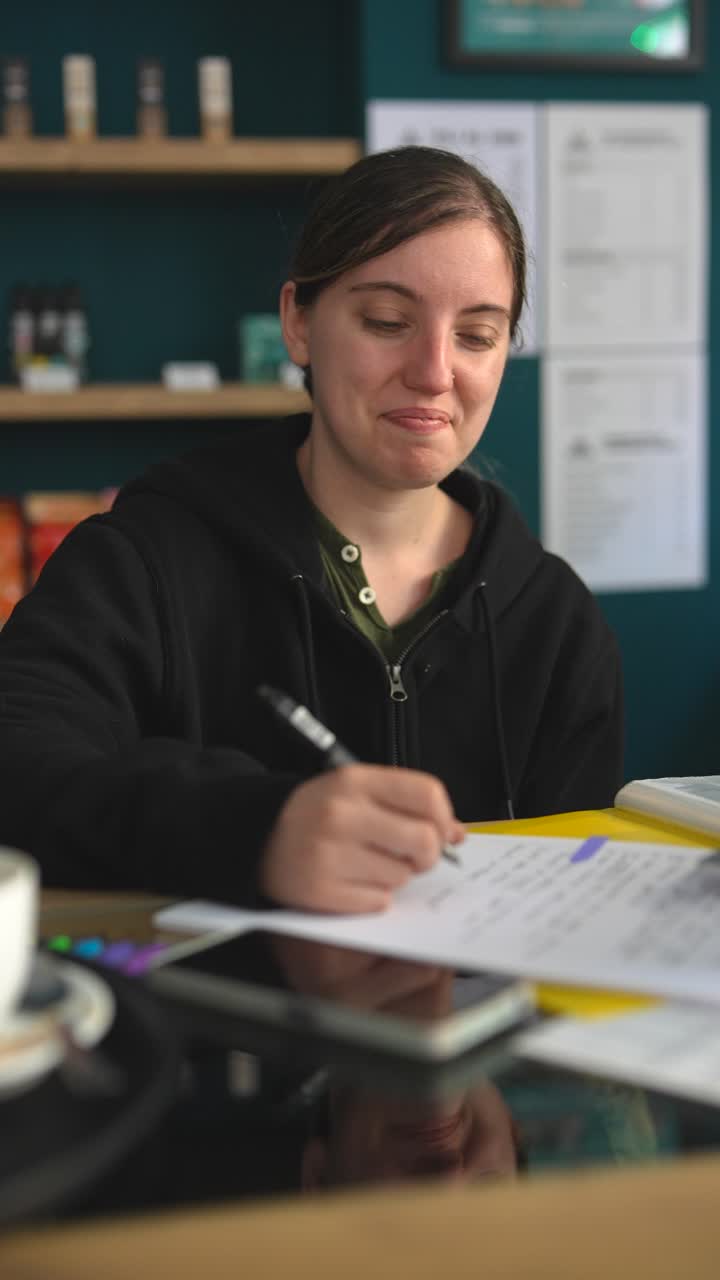 mujer trabajando en una cafetería