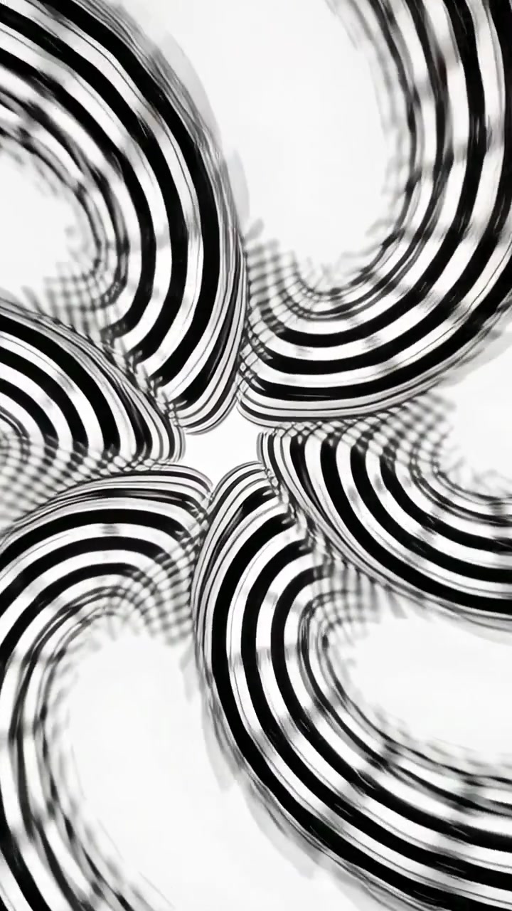 Vertical video: Frames starting, five curved striped arms rotating around pentagon on white canvas
