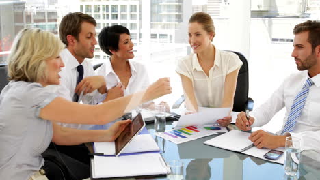 in office, business team discussing charts and notes during meeting with animation