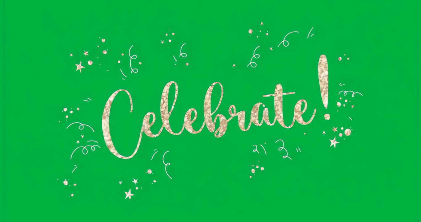 Gold Celebrate! lettering animating on transparent layer emphasizing metallic shimmer and doodles