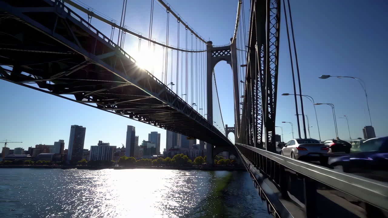 Suspension Bridge Over a River with City in the Background