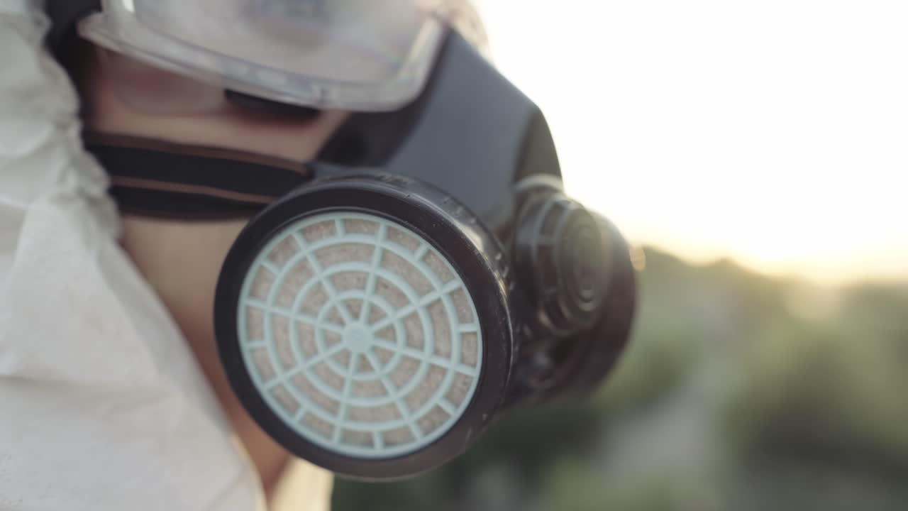 Portrait shot worker in protective mask and respirator outdoors, close up