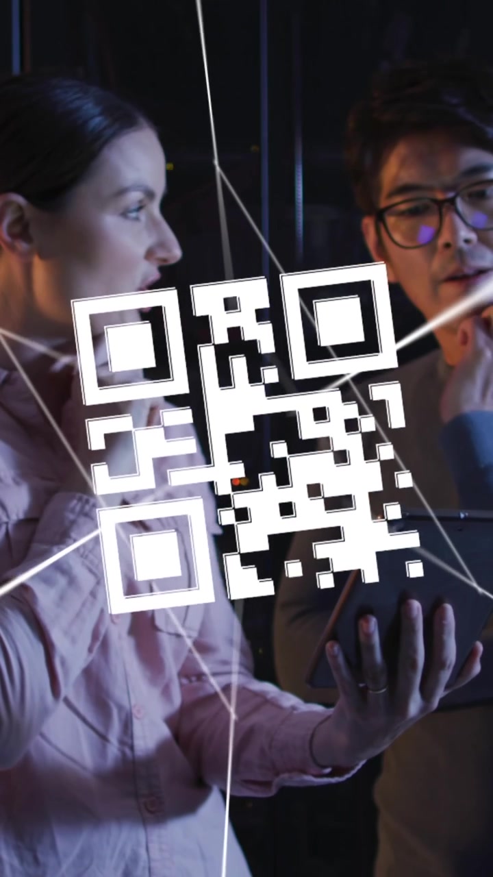 Animation of digital data processing and qr code over two diverse server room workers
