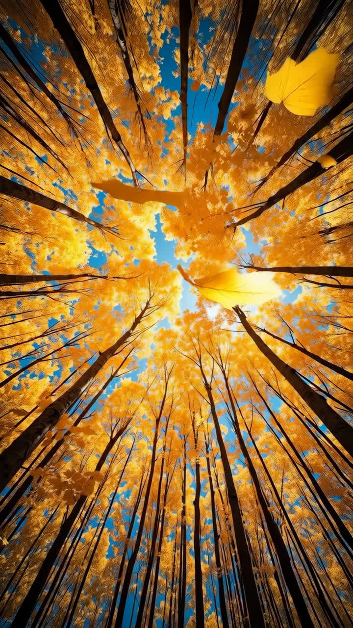 Vivace chioma di foresta autunnale con foglie dorate e cielo blu
