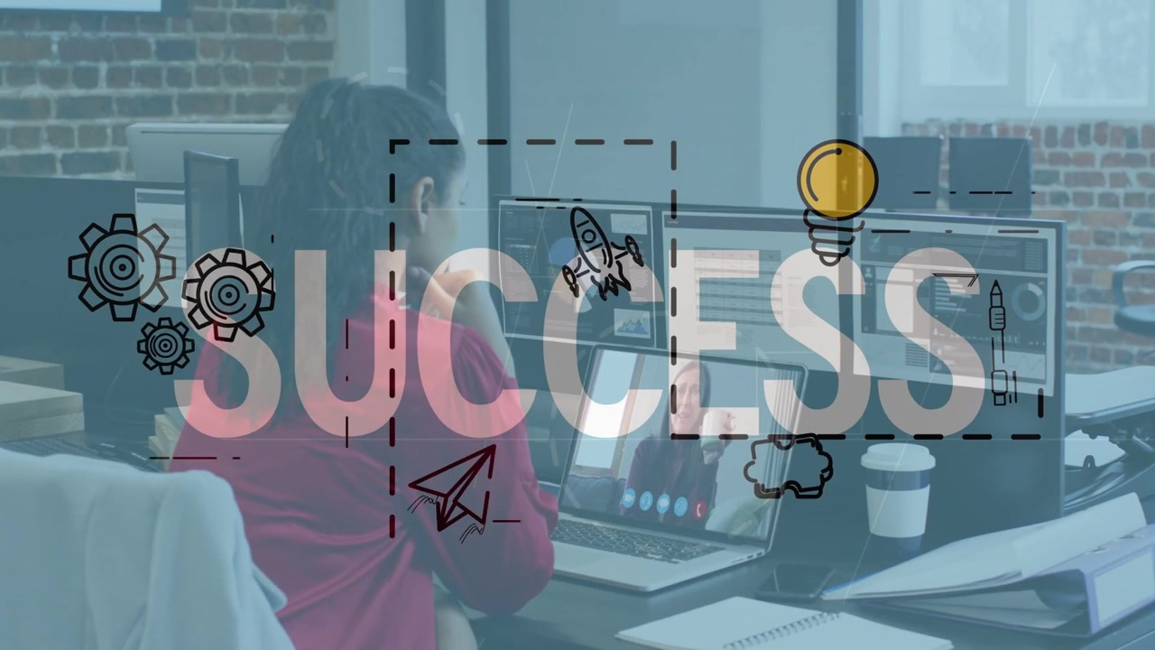 Woman joining remote call starting SUCCESS overlay with icons over PC while listening for tech plan