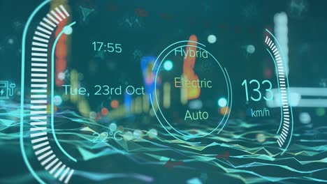 Animation-of-electric-car-speedometer-data-processing-over-city