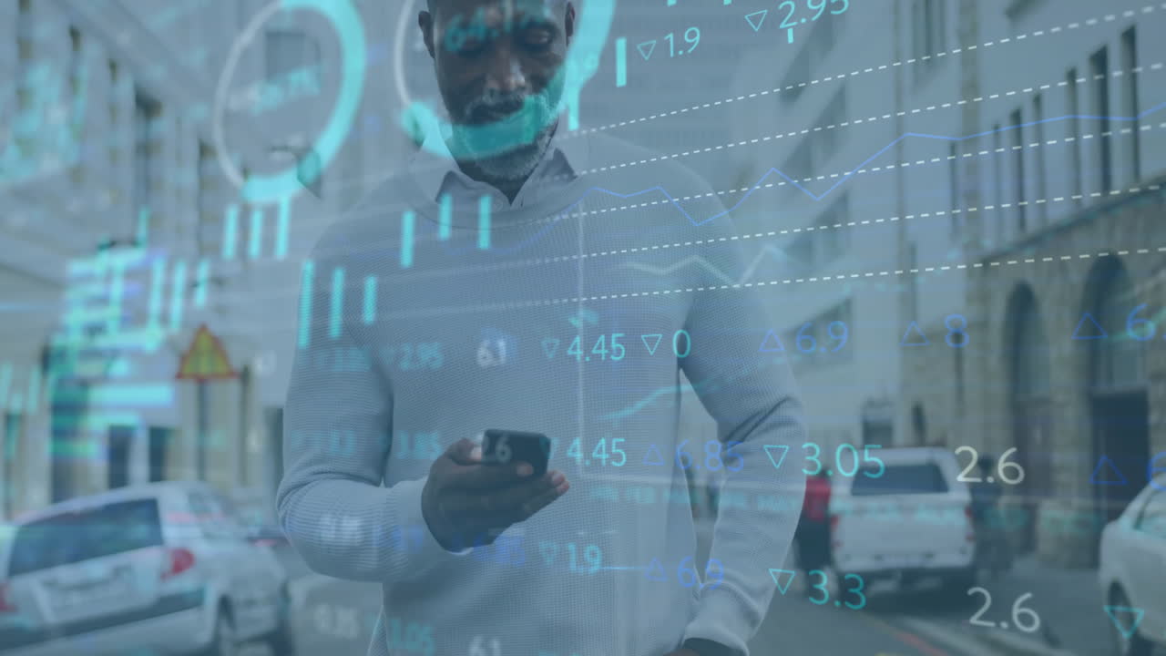Animation of financial data processing over african american businessman using smartphone