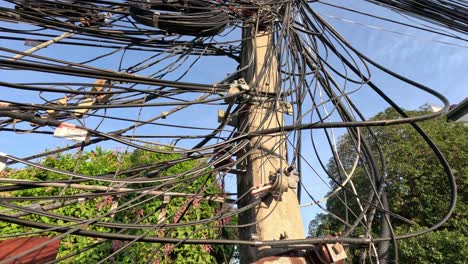 tangled wires and cables on urban utility poles