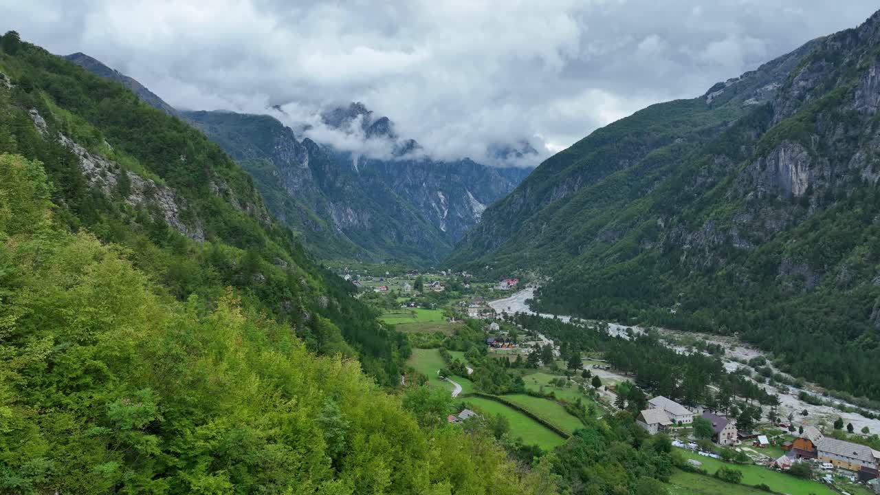 Drone view of the small village of Teth in the Albanian Alps.
