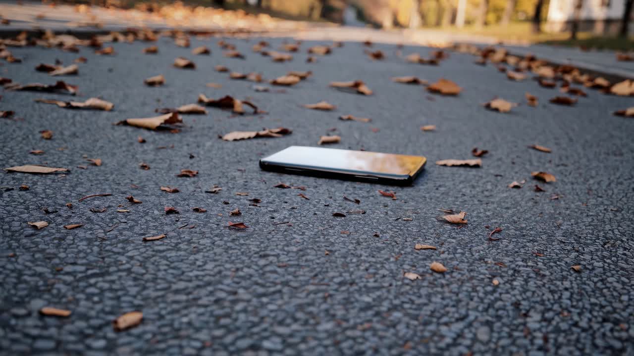 아스팔트 도로에 누워있는 스마트폰, 은 야외 환경에서 떨어지는 가을 잎으로 둘러싸여, 버려진 느낌과 계절의 변화를 포착합니다.