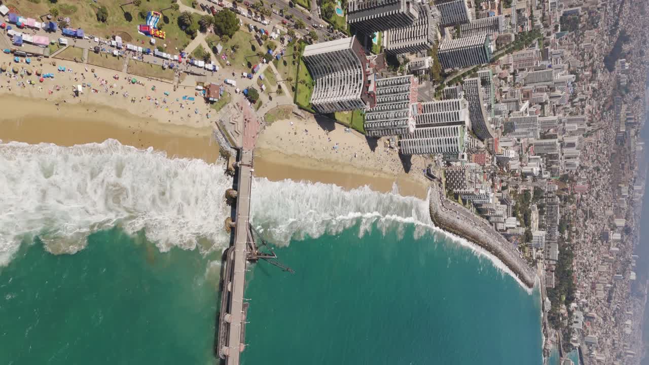 Aerial View Along Acapulco Beach And Vergara Pier In Vina Del Mar With Hotel And Beach Coastline In Background