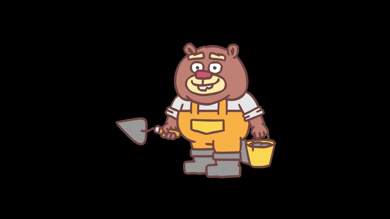 el castor constructor sostiene la paleta y el cubo con cemento. animación cuadro por cuadro. canal alfa