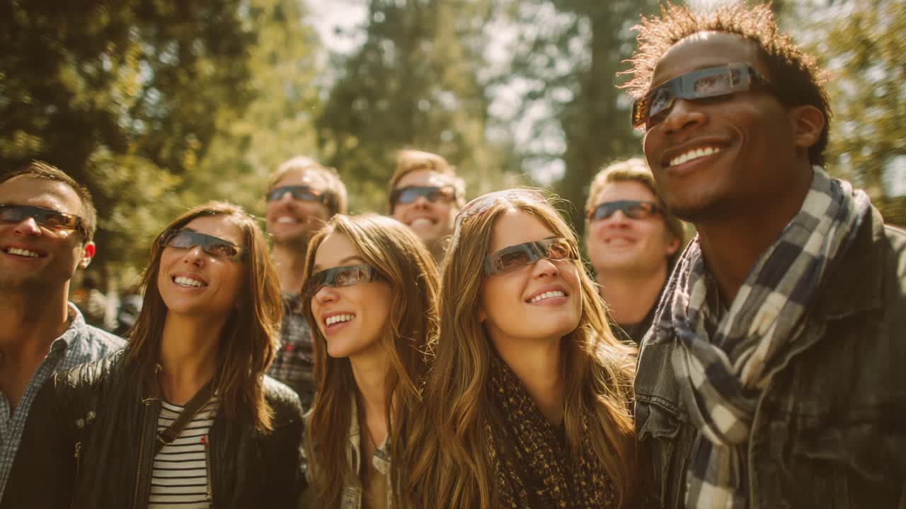 A Group of People with Excited Expressions Enjoying an Outdoor Event While Wearing Solar Eclipse Glasses, Capturing a Moment of Anticipation and Joy Together