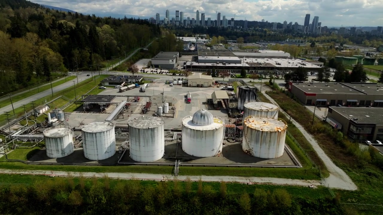 Fuel Terminal - Tank Farm On Burnaby Mountain In British Columbia, Canada. Aerial Rotate Shot