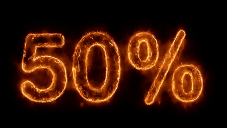 50% percent off word hot animated burning realistic fire flame loop.