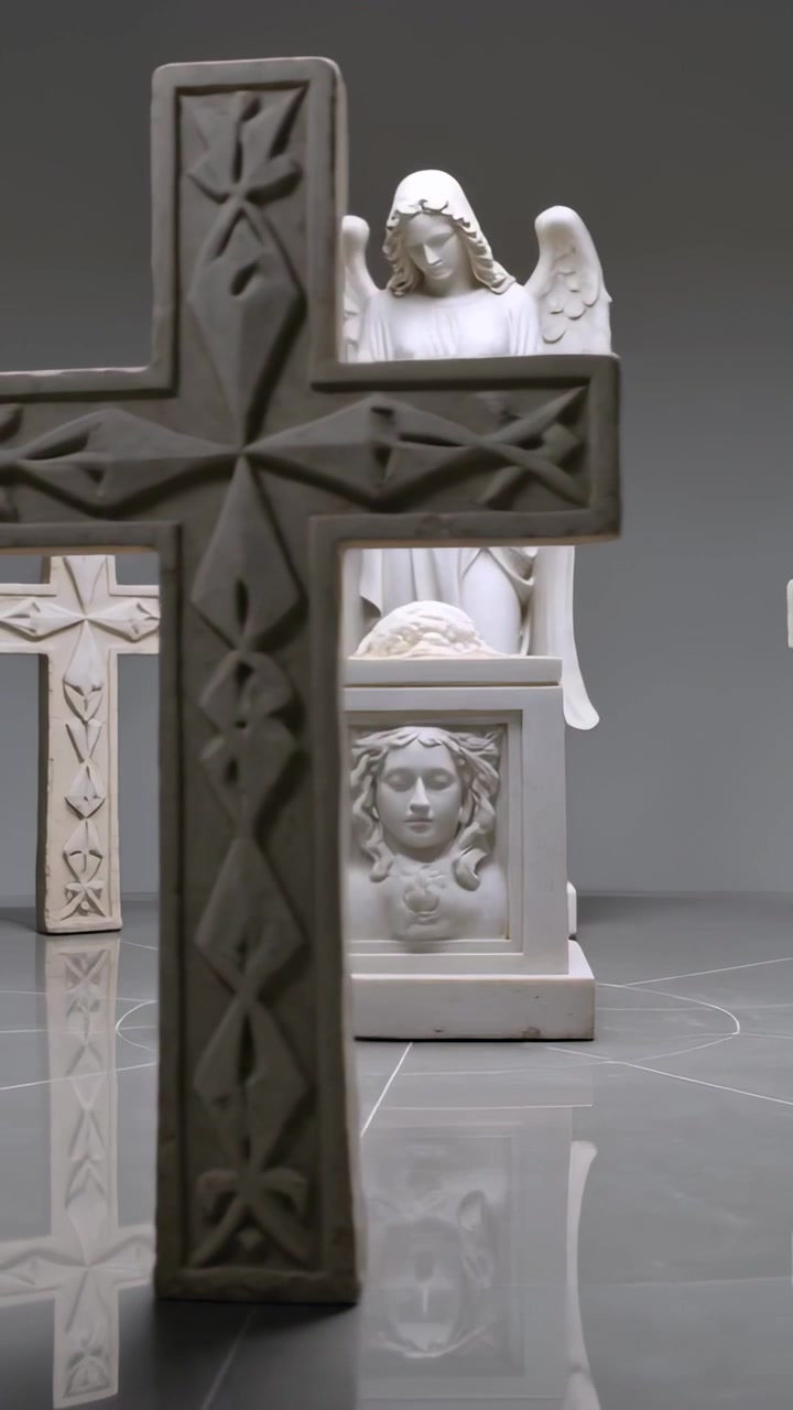 Vertical video: Shifting camera moving in studio, blocking and showing angel cross plinth on tile
