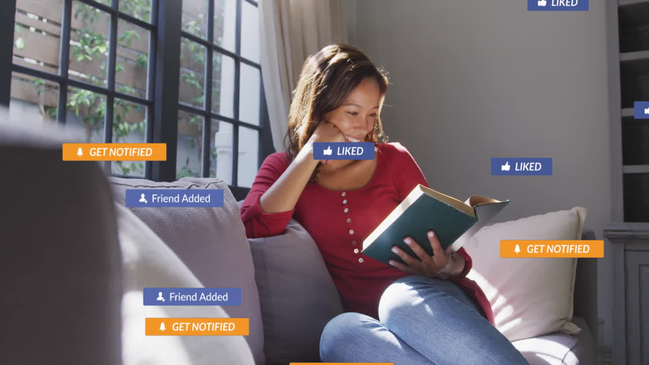 Woman reading hardcover book on sofa in living room, with floating marketing notifications