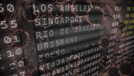 animation of macro coronavirus covid-19 cells spreading over a departures board with destinations