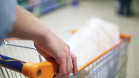 manos de la chica desconocida en un carrito de compras en primer plano. compras en la tienda de comestibles