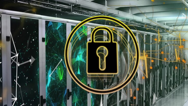 Animation of network of connections with padlock over server room