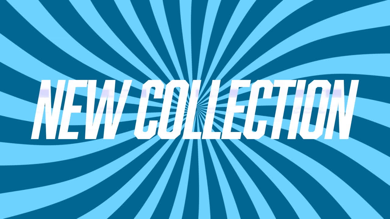 회전하는 방사선 파란색 줄무 ⁇  위에  ⁇ 색으로 새 컬렉션 텍스트의 애니메이션