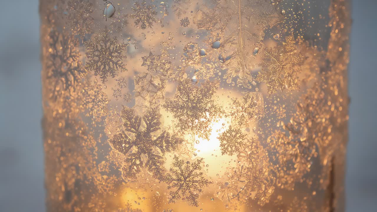 Pulling back camera revealing snowflake-frosted jar at window, warm light flickering over droplets