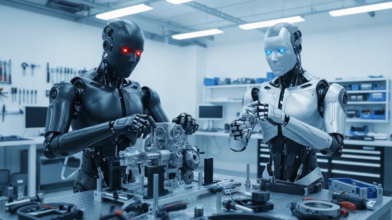 Robotic Engineers Collaborate in a High-Tech Workshop: Exploring Advanced Mechanics and Engineering Innovations with High-Precision Robotics