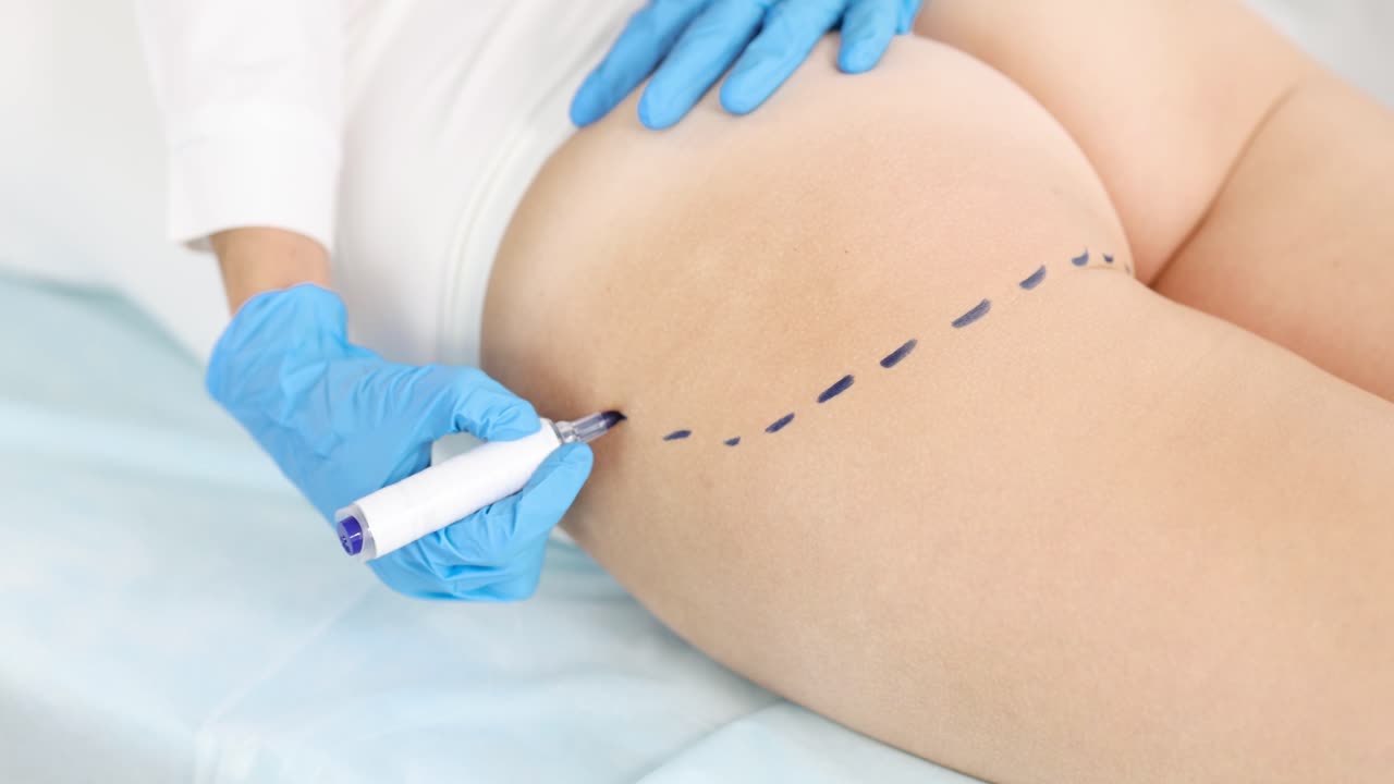 Doctor marking patient's leg for cosmetic surgery procedure