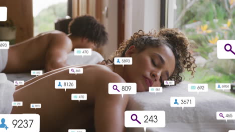 social media interaction icons animation over people relaxing in spa