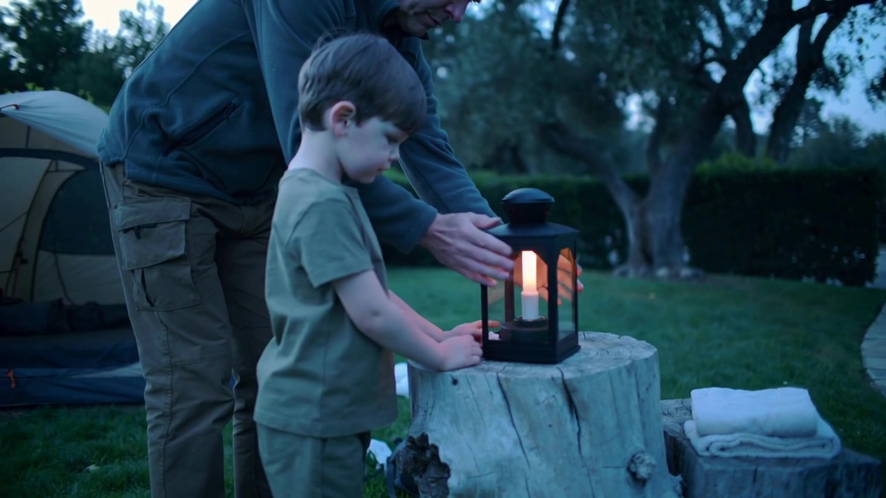 Papà incappucciato che posiziona una lanterna, stabilizzandola su un ceppo in giardino per illuminare, mentre guida un bambino in maglietta verde oliva che la tocca.