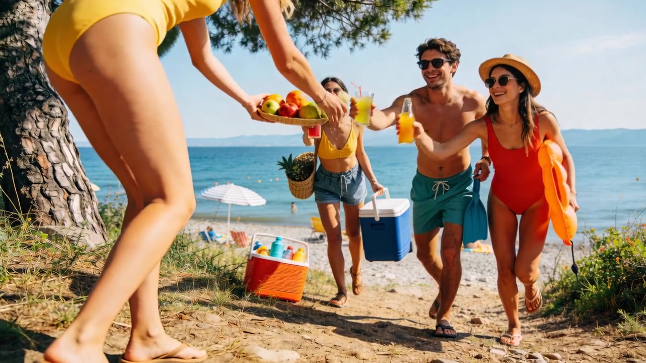 Quatro adultos caminhando compartilhando frutas e bebidas, mulher de maiô amarelo oferecendo um prato na praia.