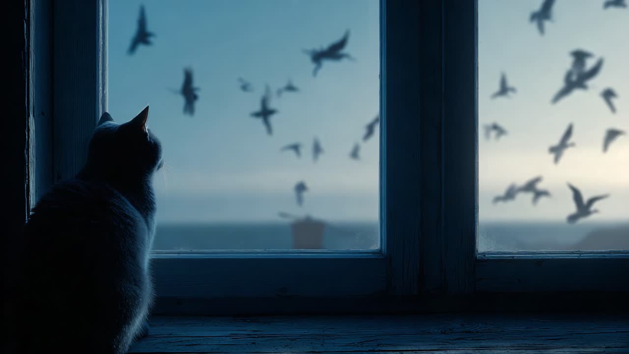 A Curious Cat Observes a Flock of Birds Through a Window at Dusk, Capturing the Essence of Nature's Beauty and Intrigue in a Serene Moment