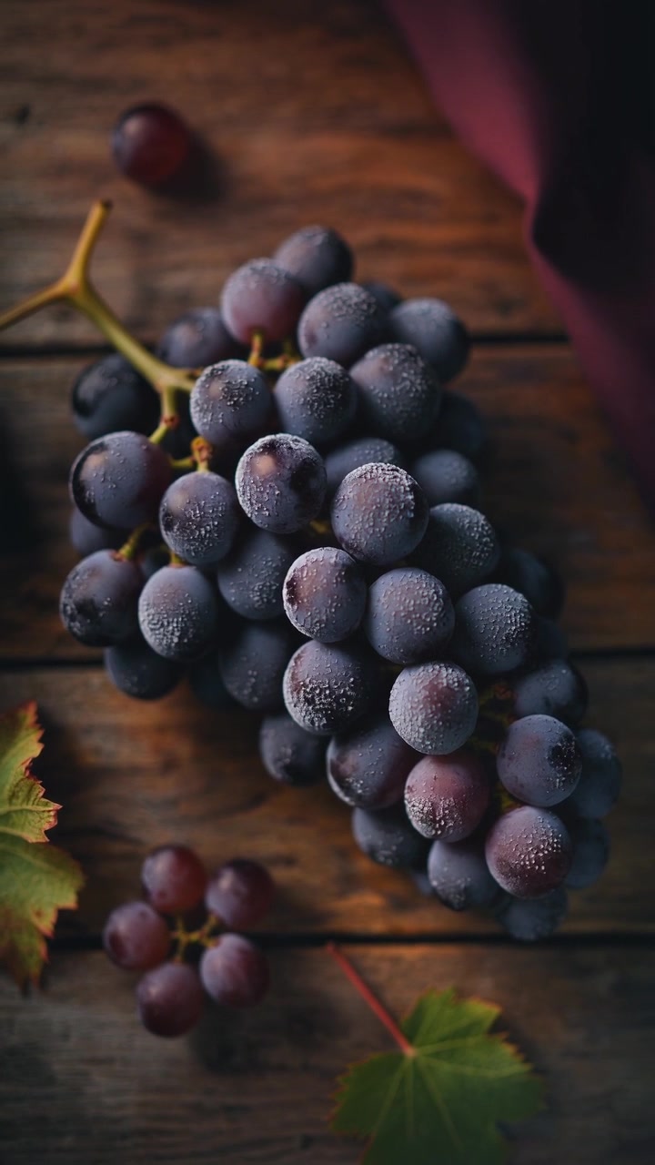 Uvas moradas frescas con gotas de rocío sobre una mesa de madera rústica