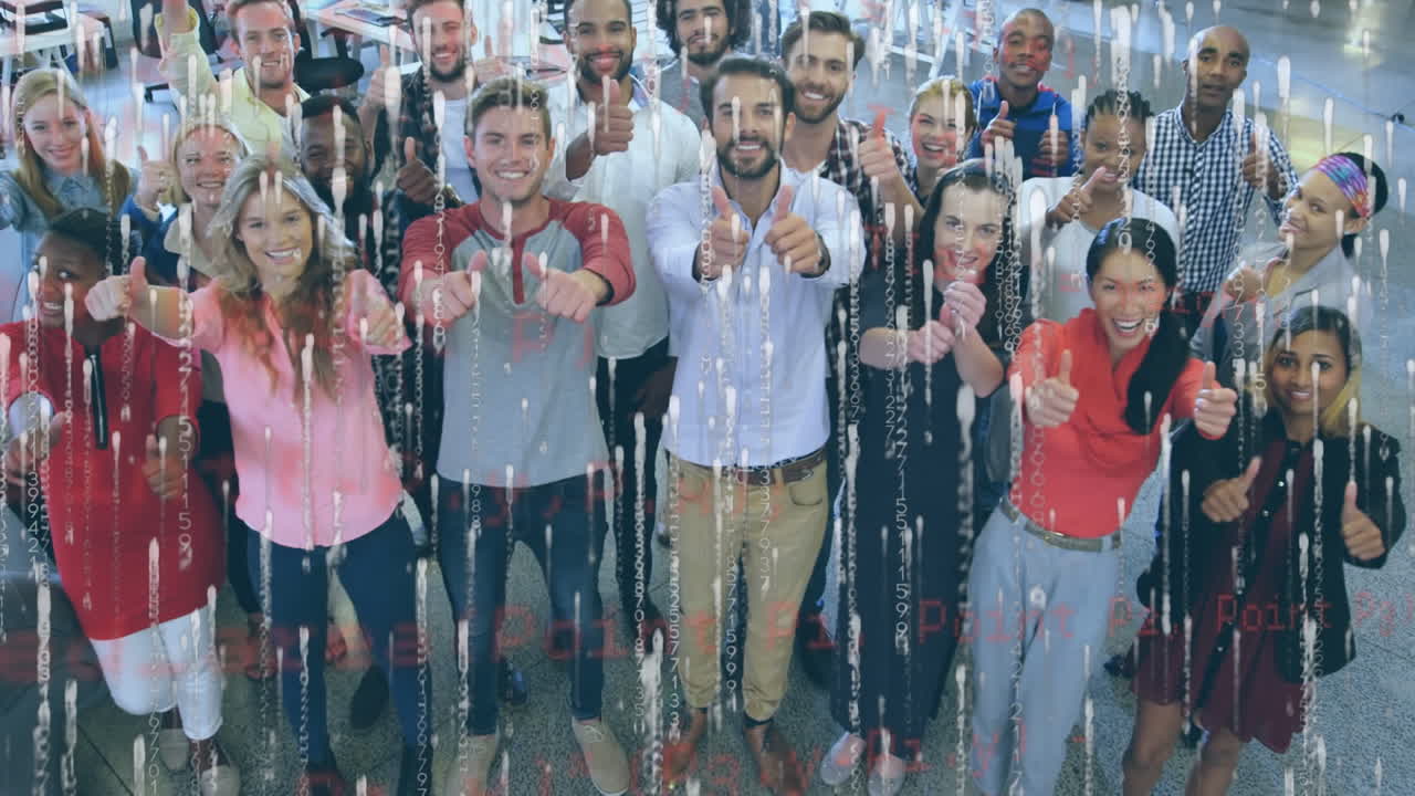 데이터 처리의 애니메이션 사업가들이 엄지 손가락을 올리는 것