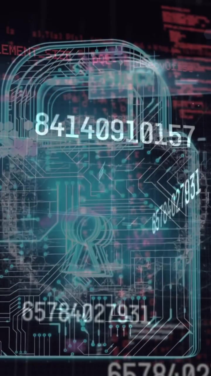 Animation of changing numbers and security padlock icon over data processing on black background