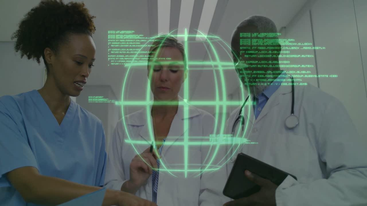 scene start hologram appearing nurse pointing chart and doctors using tablet for medical analytics