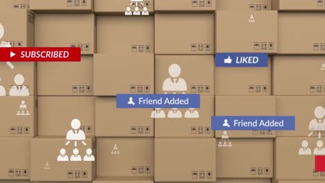 animation of profile icons flowchart and notification bars over cardboard boxes in background