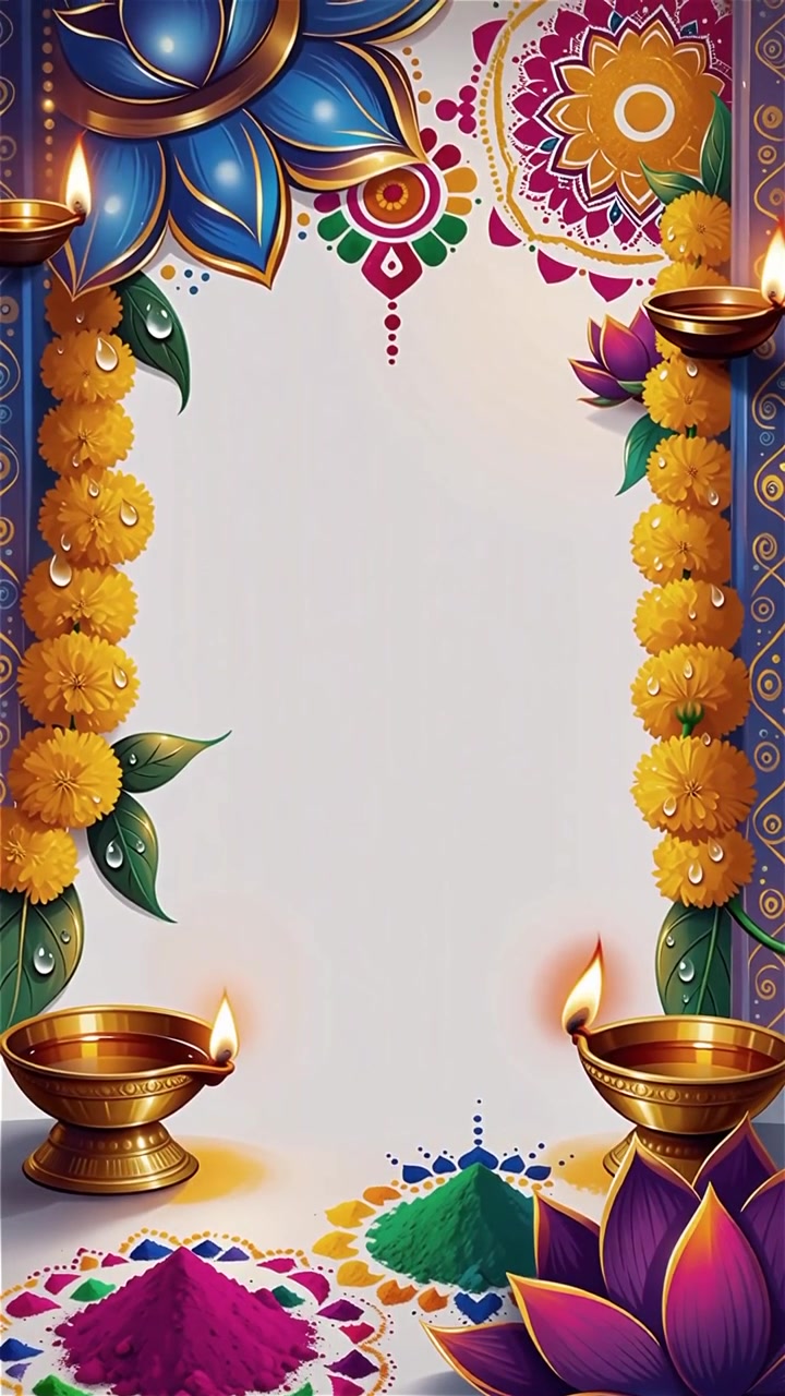 Sfondo Diwali con Diyas luminosi, Rangoli e fiori di loto