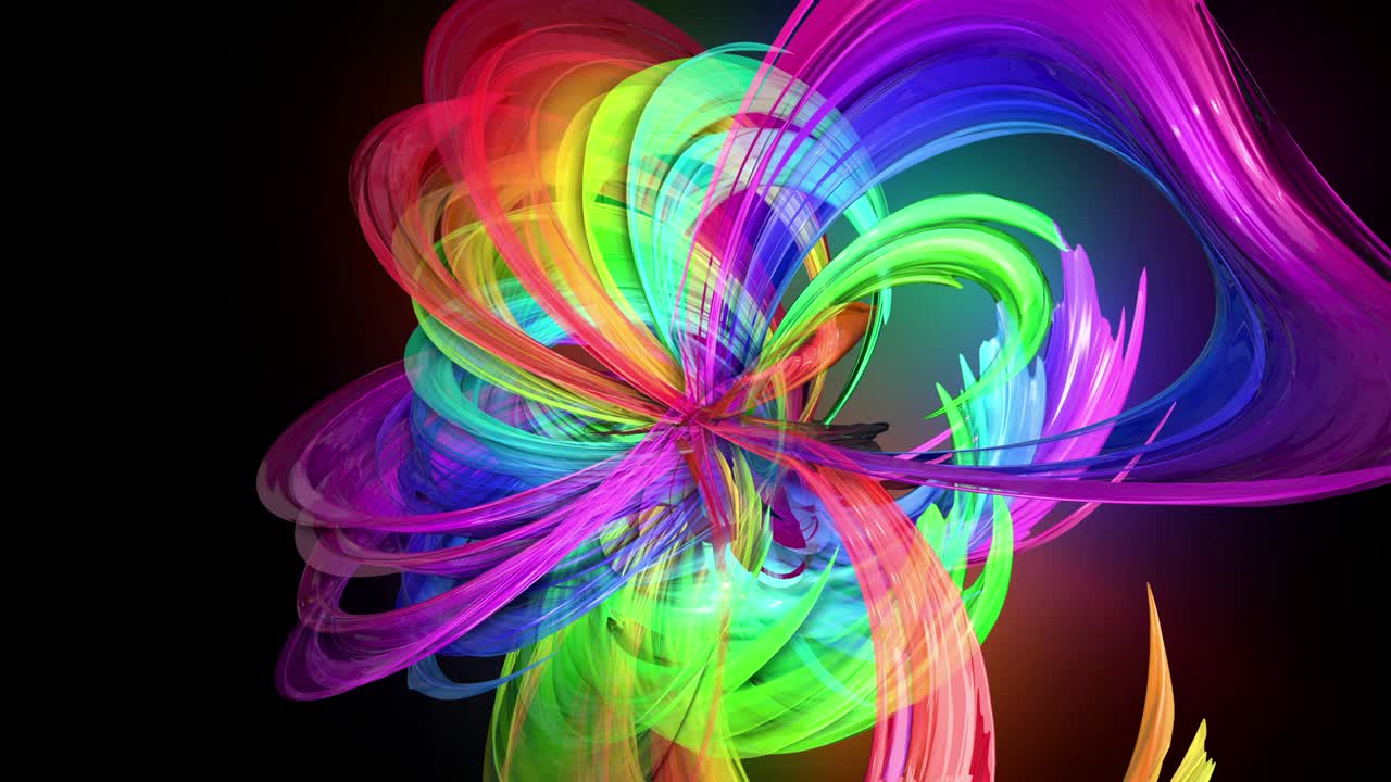 라인과 리본으로 추상적인 배경으로 원으로 움직이는 네온 빛을 가진 무지개 색의 테이프의 4k 다채로운 루프 애니메이션.