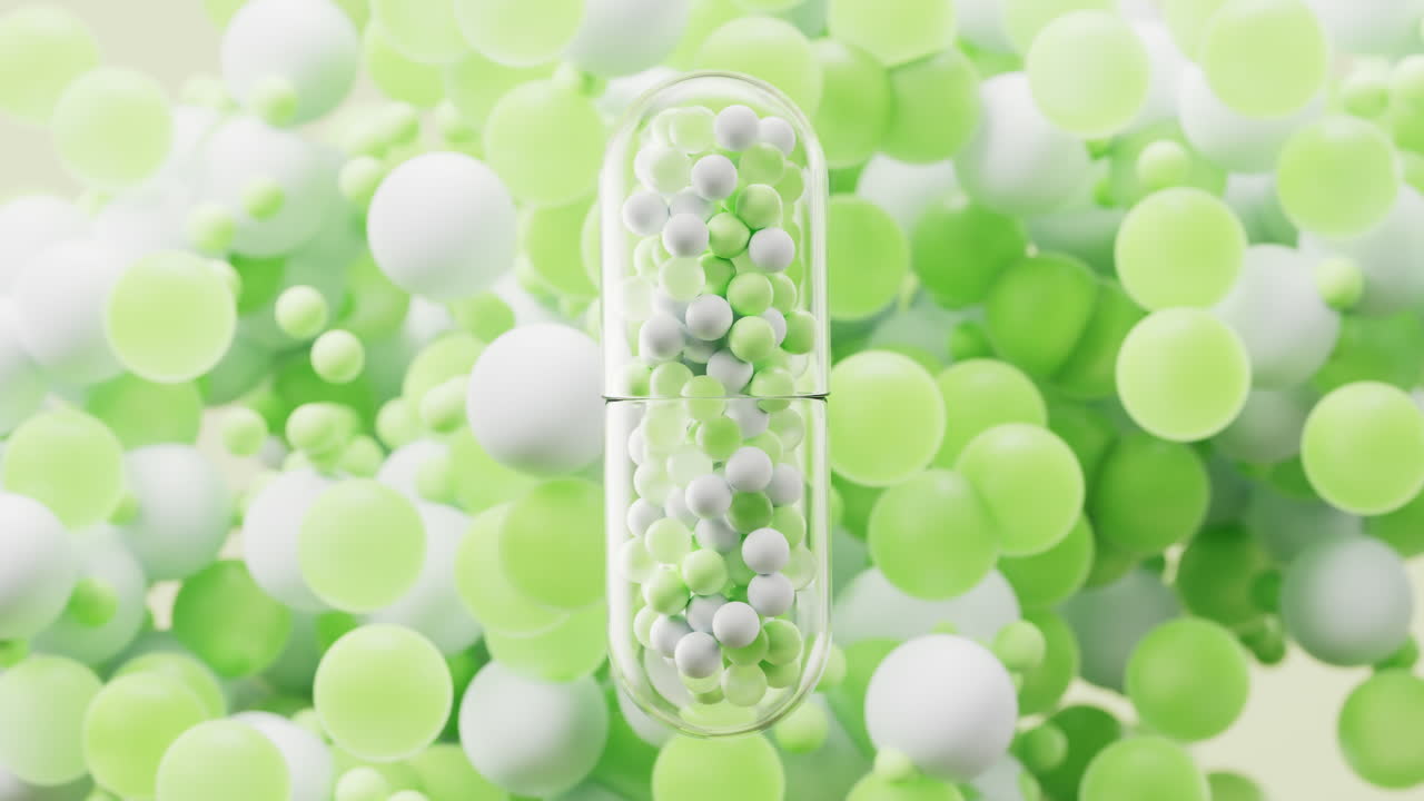 Transparent capsule with particles spheres background, 3d rendering.