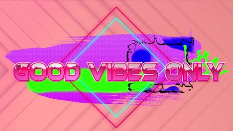 Animation-of-graphical-good-vibes-only-text-with-square-shapes-over-neon-banner-on-peach-background