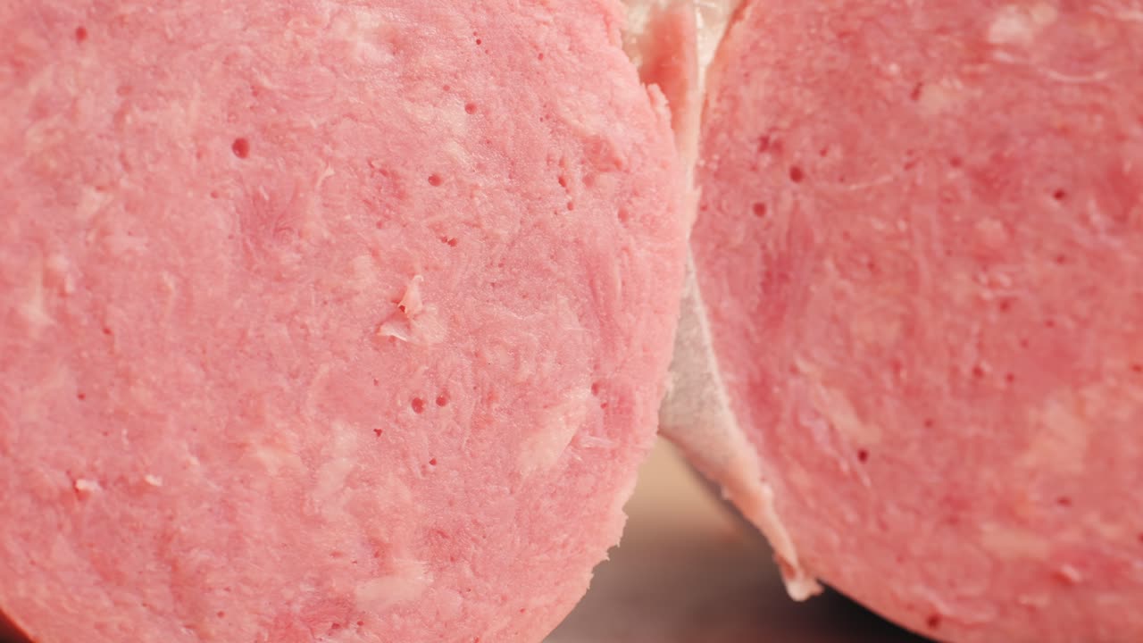Ham italian mordatella, man Slices Of Traditional Italian antipasti mortadella sausage on a wooden cutting board, close up macro of chicken or turkey jamon, fat breakfast dish.