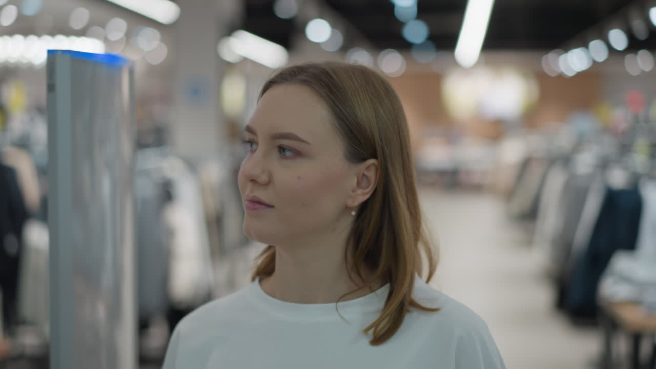 Woman walking out of clothing store, slightly glancing to the side, with blurred background featuring racks of clothing and retail lighting
