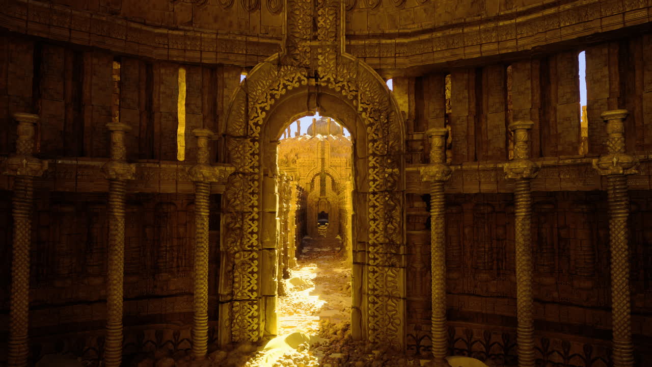 Exploring an ancient temple with intricate architecture and radiant light