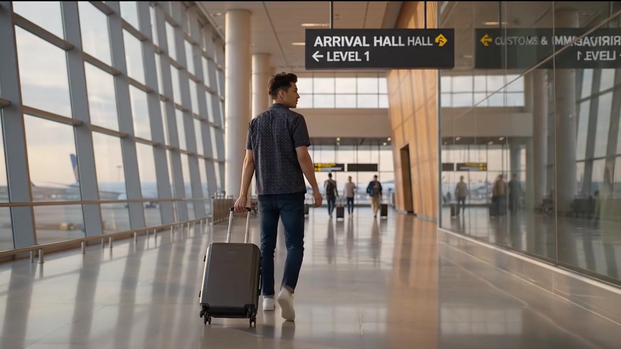 Young Man Walking Through Airport Terminal With Suitcase