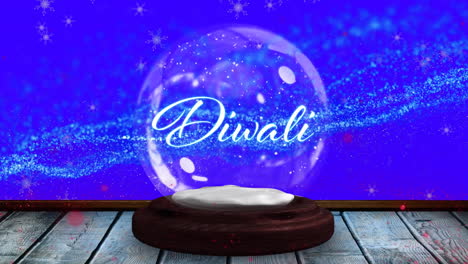 animation of diwali text in snow globe with shooting star and snow falling