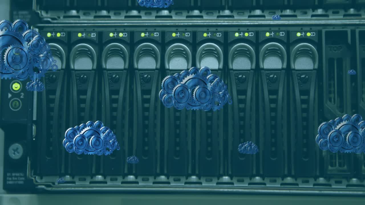 Animation of digital blue clouds icons moving over close up of computer server